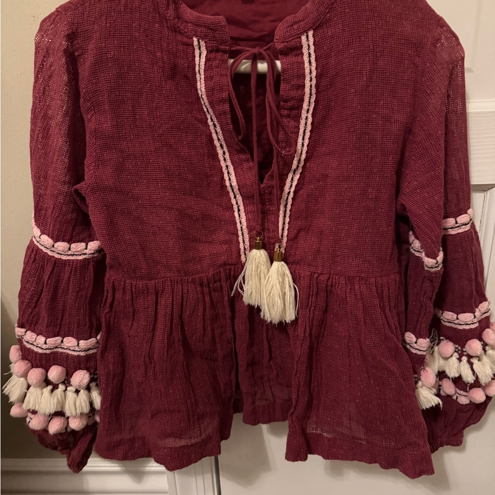 Anthropologie Maroon Blouse with Tassel Details